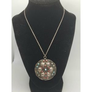 Vintage Faux Turquoise ,Jade & Coral Hammered Silver Tone Pendant Necklace